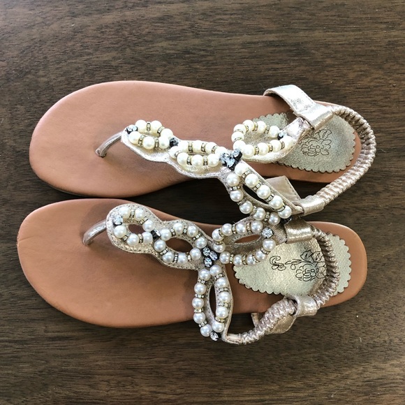 Pearl and Jewel Embellished Flat Gold Sandals - Picture 2 of 6